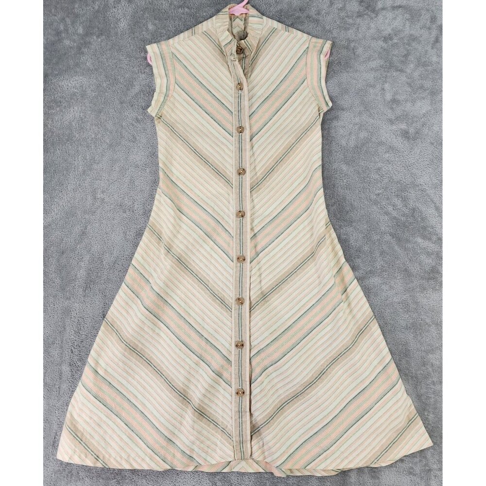 Vintage Striped Button Dress Womens XXS Chevron Pastel Mod 70s Retro Boho
